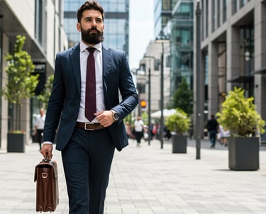 confident masculine executive in a suit and tie is walking down a sidewalk