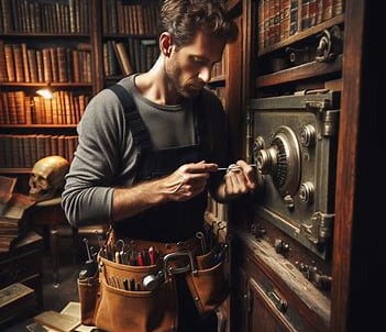 un serrurier ouvre un coffre fort avec ses outils