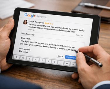 Especialista da GMN realizando a gestão de avaliações no Google Meu Negócio.