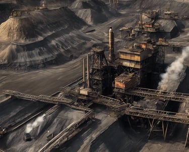 a image collage of coal mine, petro products, mines