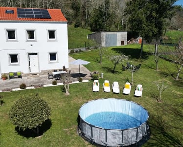 hermosa casa moderna con naturaleza jardín piscina hierba arbol sol