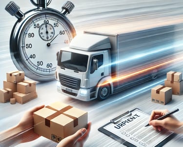 "Urgent cargo courier service concept image featuring a fast-moving delivery truck with motion blur,
