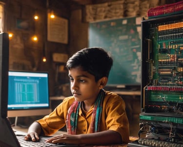 indian child in front of laptop coding