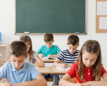 Colorful worksheets spread out on a wooden desk with pencils and crayons.