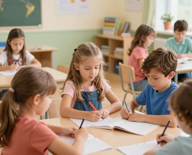 Teacher and children engaging with interactive learning games on tablets.
