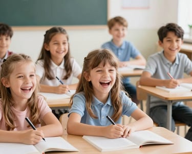 Colorful worksheets spread out on a wooden desk with pencils and crayons.