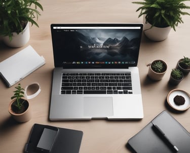 A creative workspace with a laptop, sketches of logos, and marketing plans spread out.