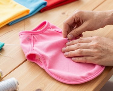 Manos cosiendo un chaleco rosa de algodón para perro sobre una mesa de madera con telas.