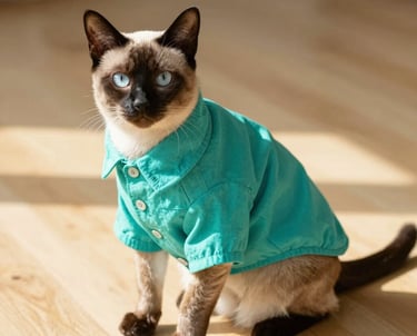 Un gato siamés de ojos azules con una camisa turquesa de botones, sentado en el suelo de madera.