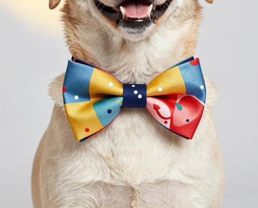 Un perro labrador amarillo sonriente con un moño de colores y estampado, como accesorio elegante.