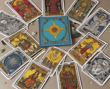 A serene, softly lit tarot reading space with candles and crystals arranged around a wooden table.