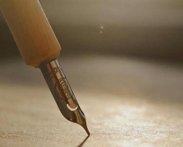 Una pluma de caligrafía con mango de madera que escribe sobre papel