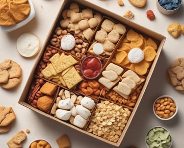 A colorful party snack box with a variety of bite-sized treats arranged neatly.