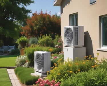 Air conditioning unit being serviced on a sunny day outside a residential building.