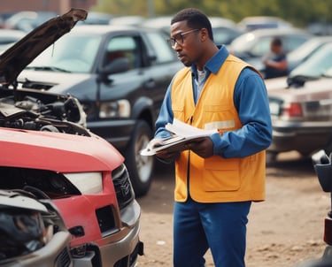A rugged salvage yard with neatly stacked cars under a bright Texas sky.
