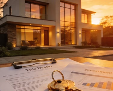 Real estate investment documents and house keys sitting before a modern luxury home at sunset.