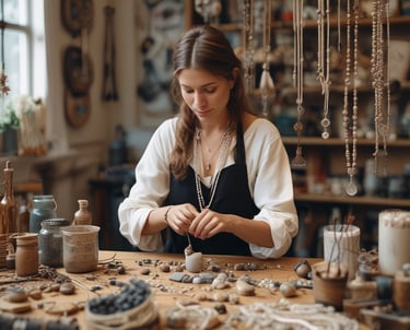 Mujer creando macramé blanco hecho a mano en su estudio.