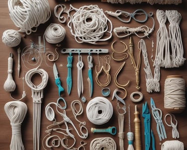 Materiales de macramé: cordón blanco, carretes y herramientas sobre madera.
