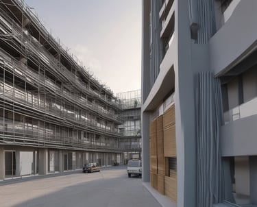 Detailed digital 3D model of a modern architectural building.