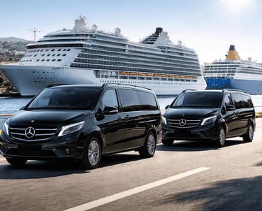 Luxury black Mercedes minivan at Piraeus Port for cruise ship passenger transfers