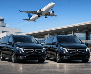 Mercedes-Benz Vito W447 VIP transfer at Athens International Airport with airplane takeoff background