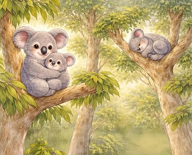 Kinderbuch Alva und Nilo auf Weltreise: Zeigt Koalas welche in Eukalyptusbäumen sitzen..