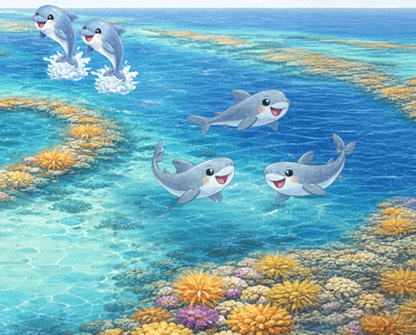 Kinderbuch Alva und Nilo auf Weltreise: Zeigt ein Reef mit Delfinen und Haien.