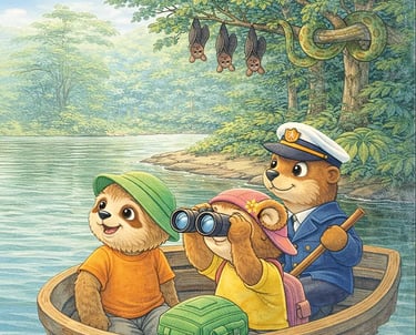 Kinderbuch Alva und Nilo: Zeigt Alva, Nilo und Herrn Flussfahrer auf einem Boot im Fluss.