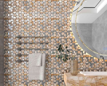 a bathroom with a stone wall and a mirror