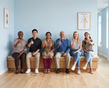 Diverse patients giving thumbs up in a modern acupuncture and holistic wellness clinic waiting room.