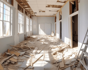 Sala após demolição de forro e paredes, com grande quantidade de entulho e resíduos de construção no chão, precisando de remo