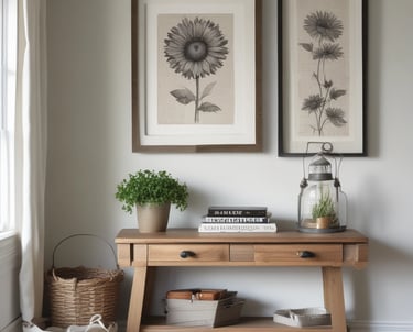 Close-up of a rustic wooden vase sitting on a weathered side table with delicate wildflowers.