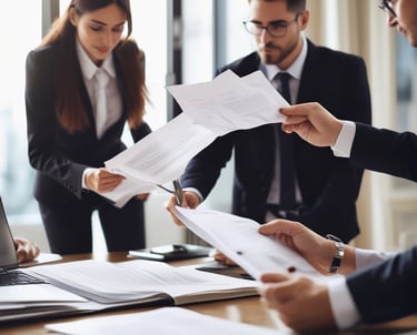 A professional lawyer consulting with a client in a modern office.