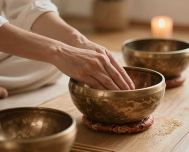 Close-up of holistic therapist hands placing singing bowl and natural incense on a wooden table, warm earthy sand textures, soft focus, calming nature-infused decor in Porto, Portugal / Western European.