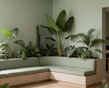 Peaceful corner of a consciousness expansion studio in Porto, Portugal / Western European, featuring a comfortable seating area, botanical greenery, natural light, and elegant minimal decor in soft sage green and warm sand tones.