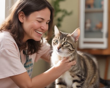 A smiling resident interacting with a playful kitten from Katies Cat Rescue in a bright, welcoming area.