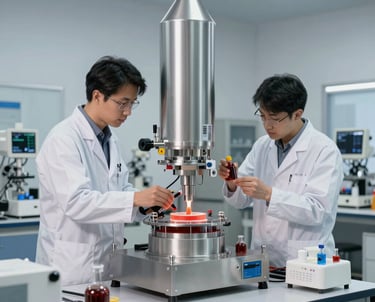 Close-up of high-purity ceramic powders and metal samples arranged on a lab bench.