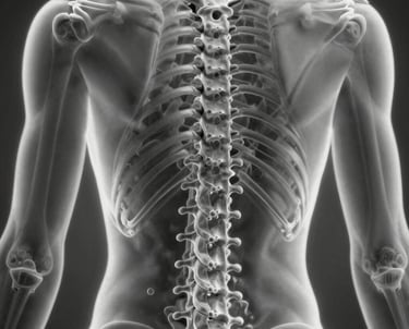 Close-up image of a sleek spinal implant against a high-tech blue background with subtle medical equipment shadows.