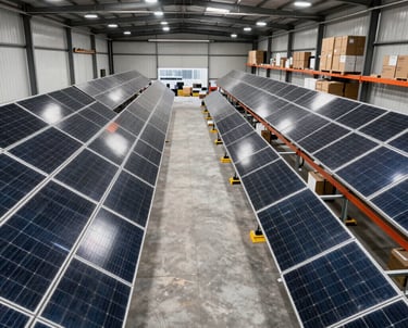 Boxes of solar panels ready for delivery in a warehouse.