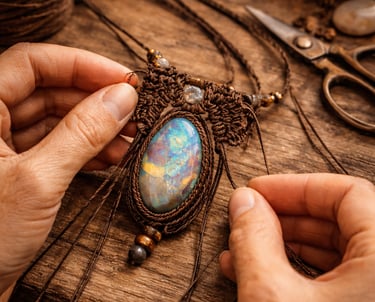 Collar de macramé en color cafe con piedra ópalo montada