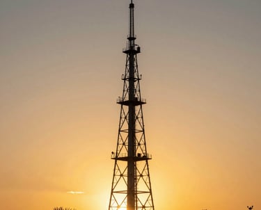 A photography of a modern radio tower silhouette against a golden sunset sky over the landscape of Nayarit. Elegant and professional composition. Mexican / Latin American region.
