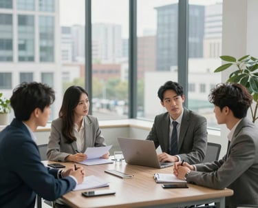A professional team reviewing government tender documents in a modern office with navy blue and gold accents.