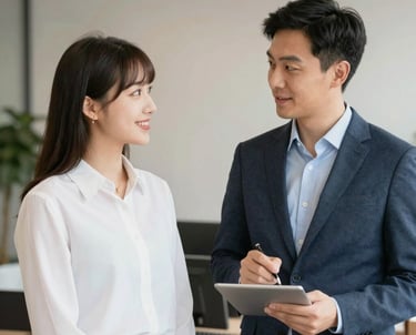 A confident team reviewing government tender documents in a modern office with navy blue and gold accents.