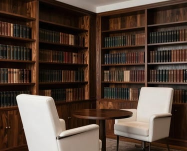 An interior shot of a private luxury library with dark wood shelves and minimalist white leather chairs. A quiet, professional environment in a Peruvian executive setting.