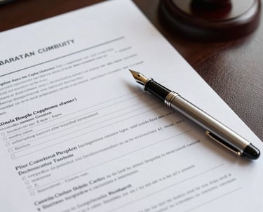 A detailed close-up of professional legal documents and technical reports with a high-end fountain pen on a dark leather desk. Soft warm lighting highlighting the texture of the paper.