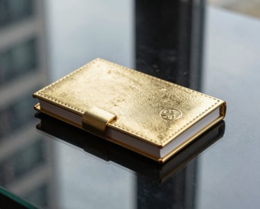 Macro photography of a gold and black luxury business card holder on a glass table, reflecting a modern architecture through a nearby window. Minimalist and sharp.