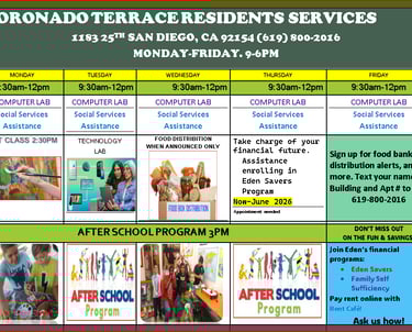 Weekly schedule for Coronado Terrace Residents Services featuring computer lab hours, art classes, and food distribution in