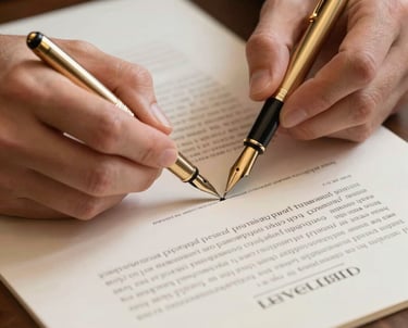 A professional Western European hand holding a gold-plated fountain pen, signing a document on an off-white paper, suggesting security and agreement.