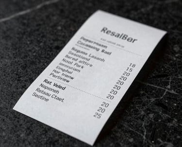 A minimalist, artistic shot of a restaurant receipt placed on a black marble surface, symbolizing the proof required for a verified review.