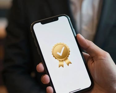 A close-up shot of a smartphone screen displaying a gold verified badge next to a restaurant logo, held by a person in a professional suit. Minimalist and premium look.